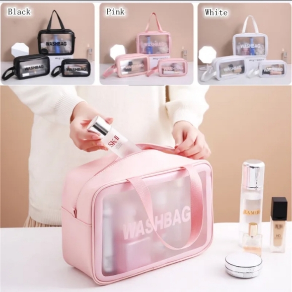 White or pink waterproof make up toiletries travel storage bag zippered Large - Picture 8 of 8